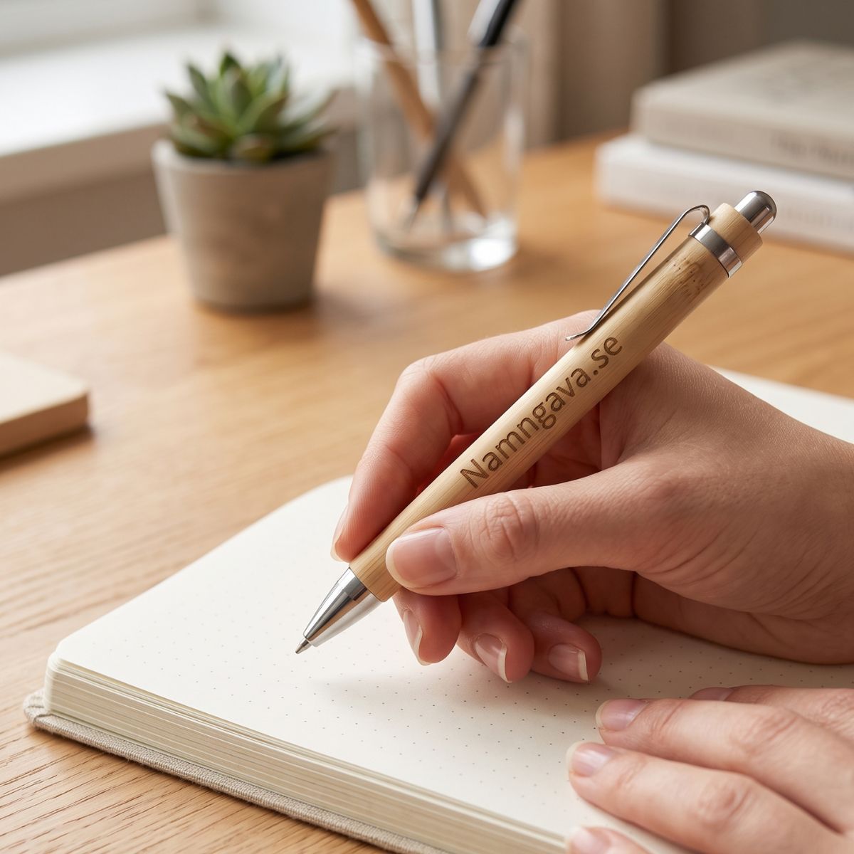 Miljövänlig bläckpenna i bambu med personligt graverat namn - NamnGava.se